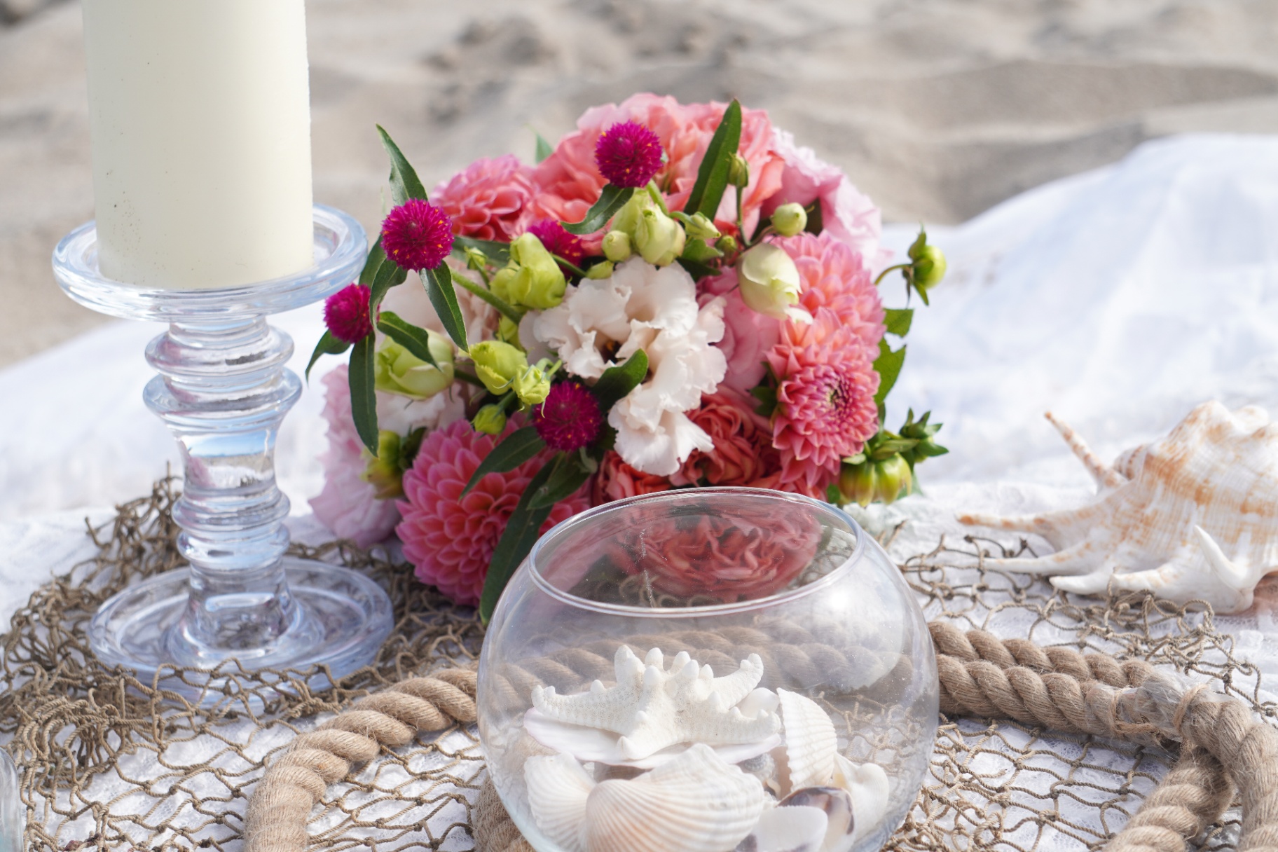 Beach wedding florals and seashells